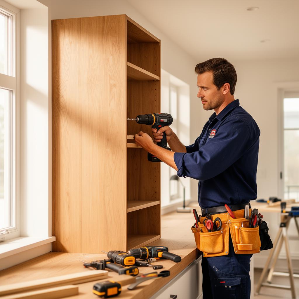 Professional handyman installing a wooden cabinet in a bright modern home